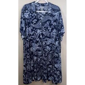 Catherines Plus Size 2X 22 24W Blue Shift Paisley Pleated Waist down Midi Dress